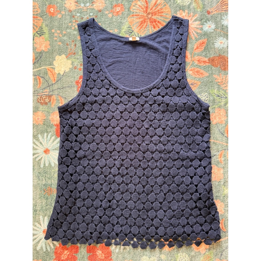 J.Crew Navy Blue Eyelet Dot Tank Top Scallop Hem Slub Cotton 45337 Womens Med
